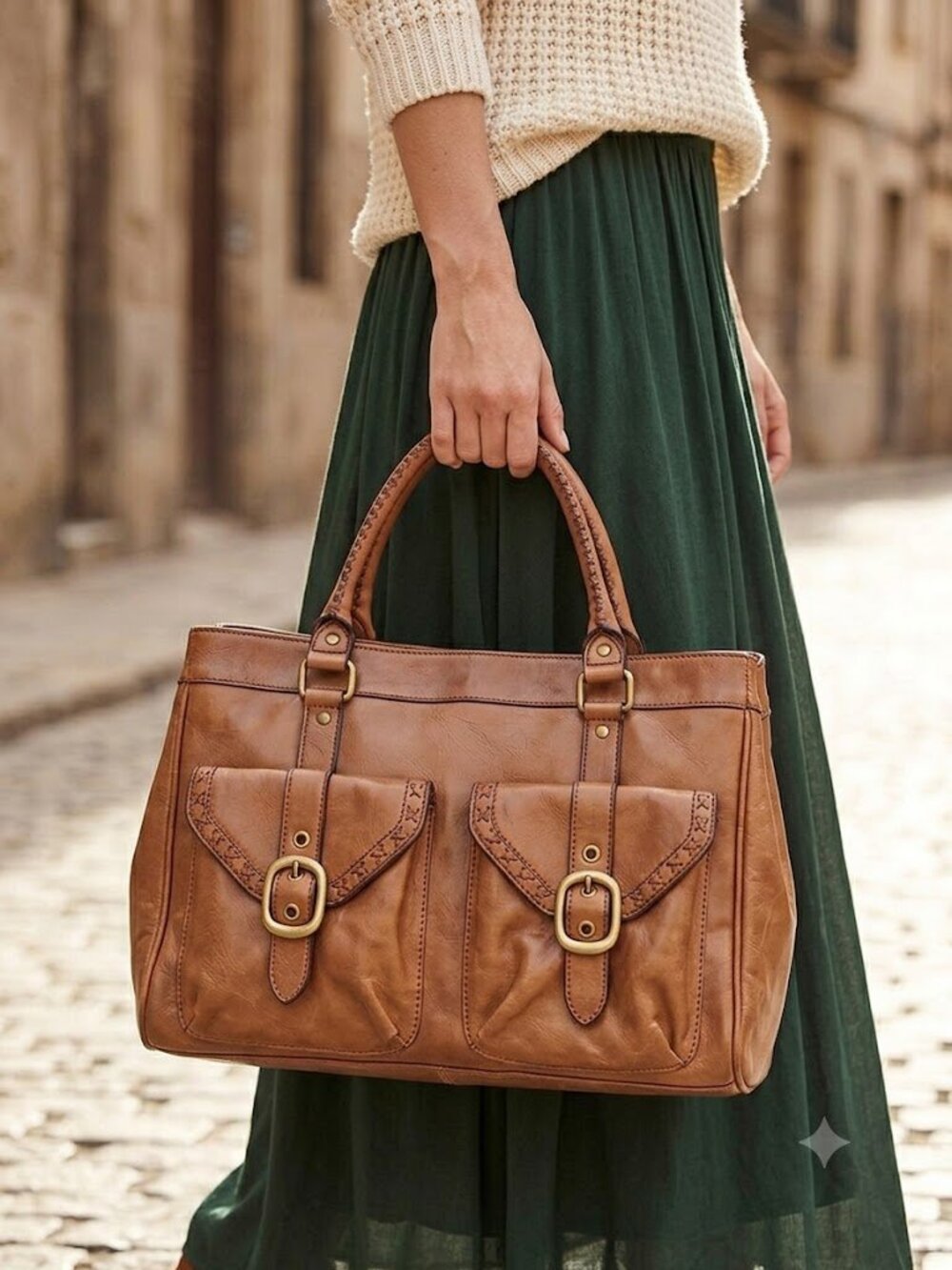 Nine West Cognac Brown Faux Leather Satchel Handbag - Multi-Pocket